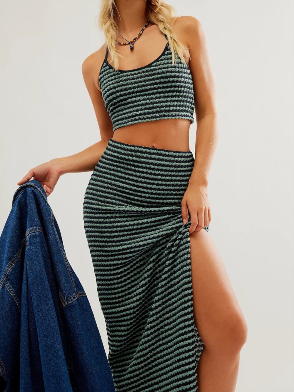 Free People Helin Co-Ord Halter & Skirt Set Teal and Navy Medium